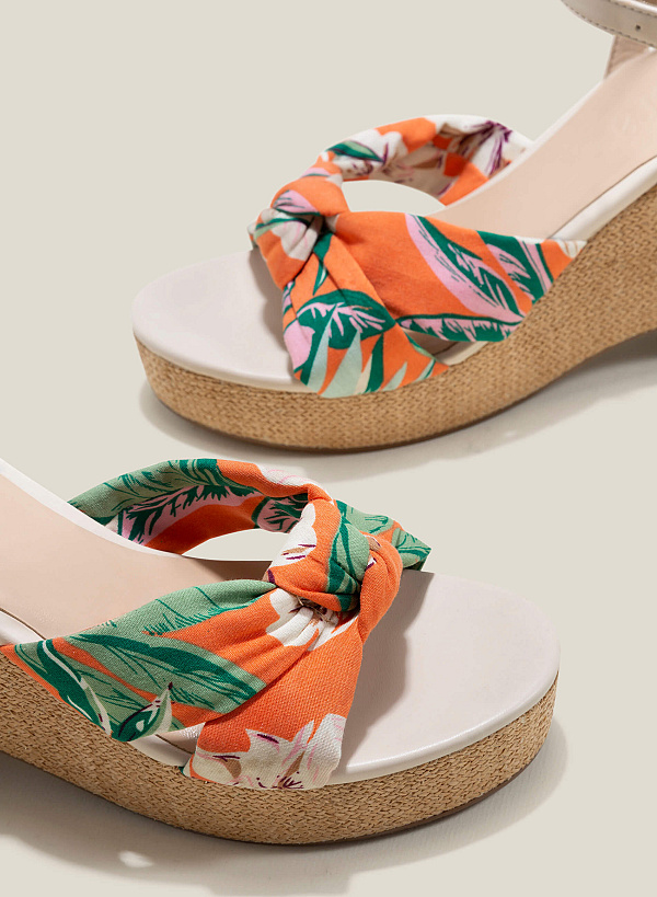 Floral Fabric Bow Tie Décor Wedge Heel Sandals - PLA 0444 - Beige - VASCARA