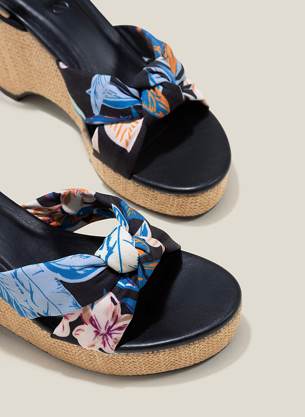 Floral Fabric Bow Tie Décor Wedge Heel Sandals - PLA 0444 - Black - VASCARA