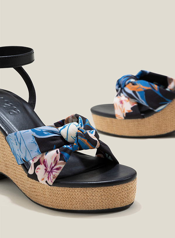 Floral Fabric Bow Tie Décor Wedge Heel Sandals - PLA 0444 - Black - VASCARA