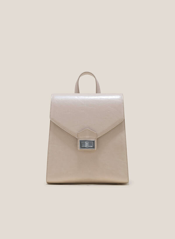 Foldover Rectangular Lock Décor Backpack - BAK 0194 - Cream