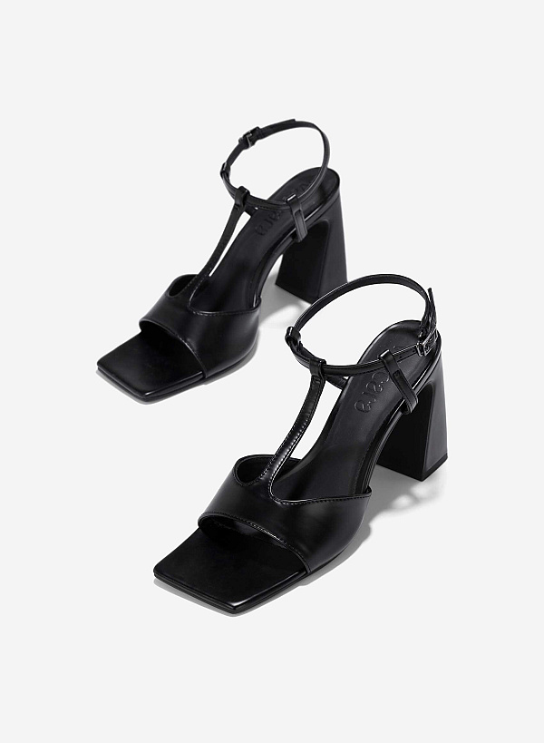 Giày sandals block heel t-strap cách điệu - SDN 0783 - Màu đen - VASCARA