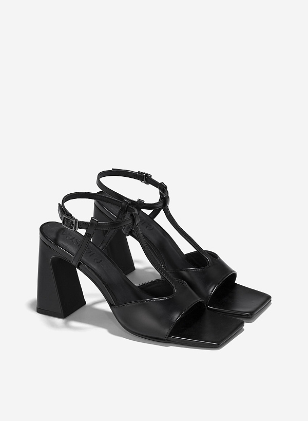 Giày sandals block heel t-strap cách điệu - SDN 0783 - Màu đen - VASCARA