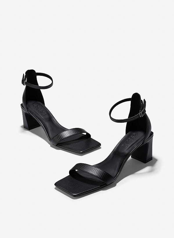 Lizard-Effect Block Heels Sandals - PUM 0776 - Black - VASCARA
