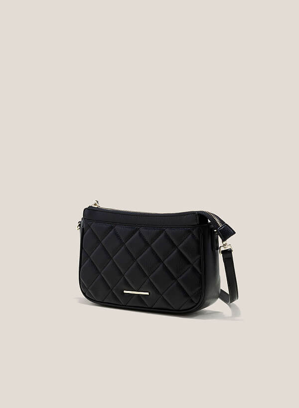 Square-Patterned Quilted Crossbody Bag - MES 0213 - Black - VASCARA