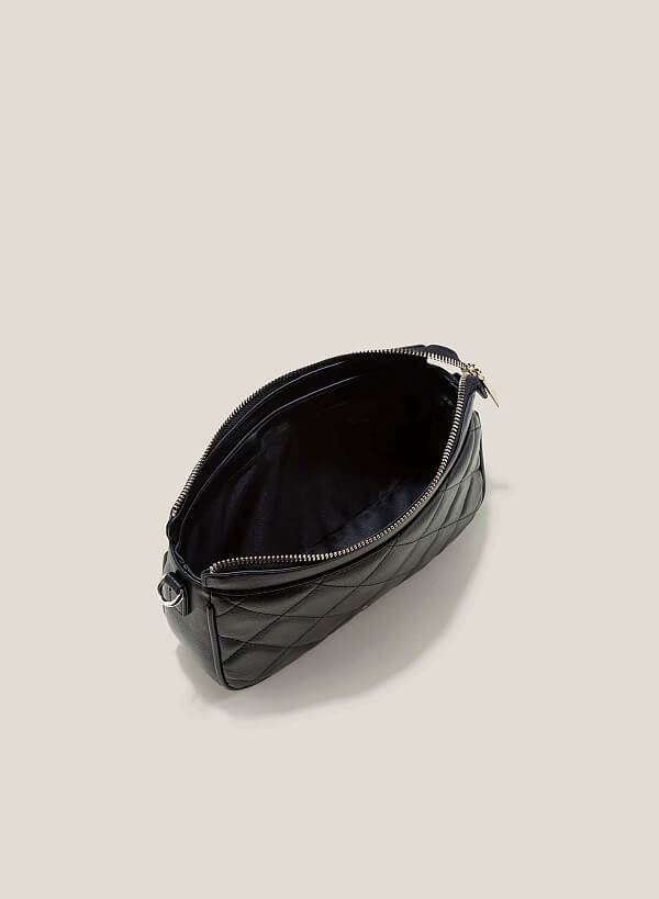 Square-Patterned Quilted Crossbody Bag - MES 0213 - Black - VASCARA