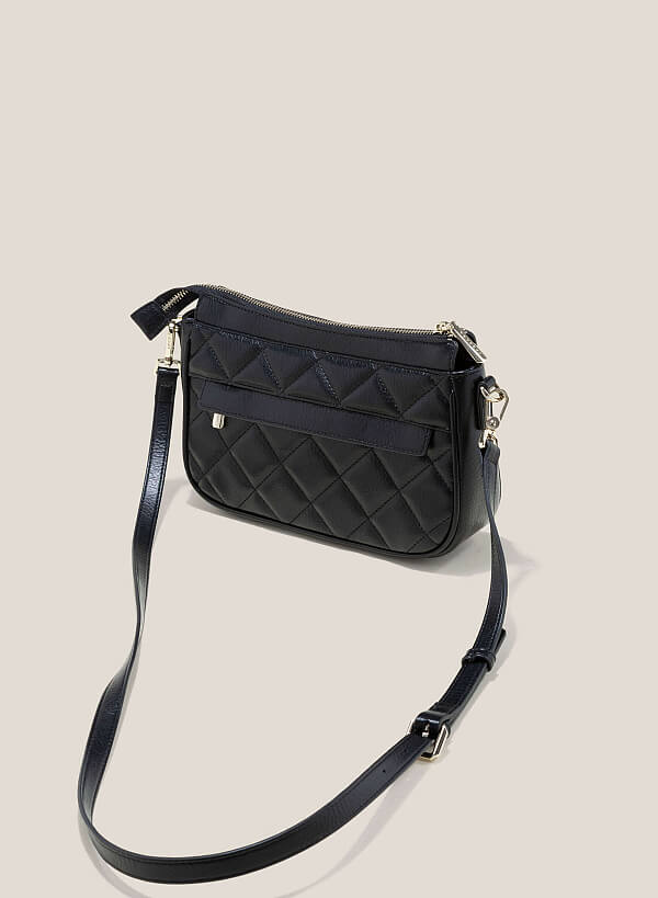 Square-Patterned Quilted Crossbody Bag - MES 0213 - Black - VASCARA