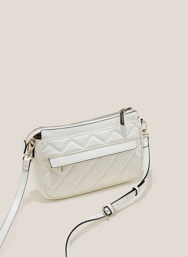Square-Patterned Quilted Crossbody Bag - MES 0213 - Cream - VASCARA