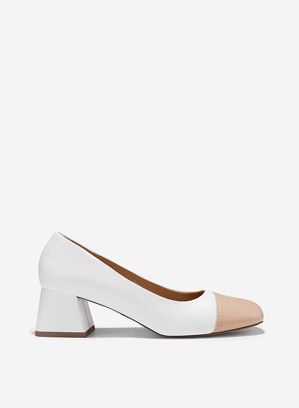 Giày bít block heel cap mũi phối layer - BMN 0648 - Màu trắng