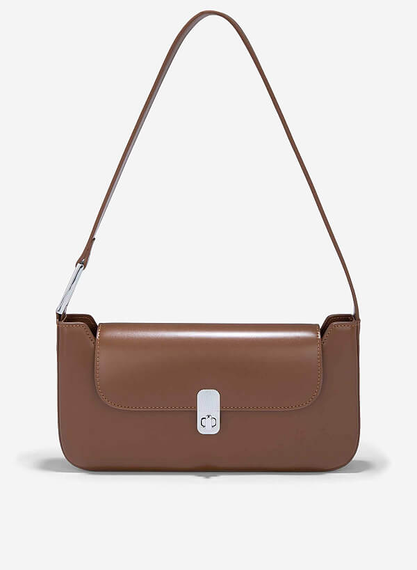 Túi baguette đeo vai nhấn khóa kim loại - SHO 0243 - Màu nâu đậm