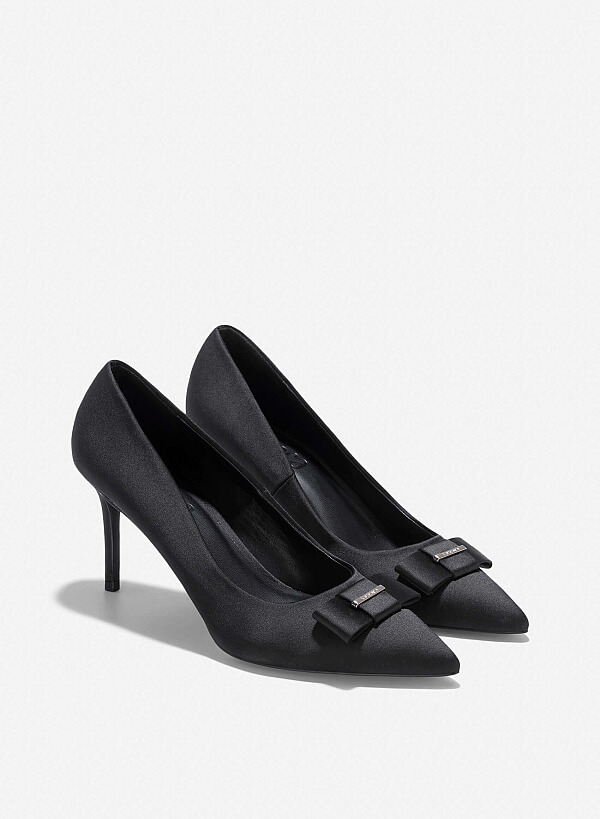 Bow Tie Décor Pointed Toe Pumps - HIG 0681 - Black - VASCARA