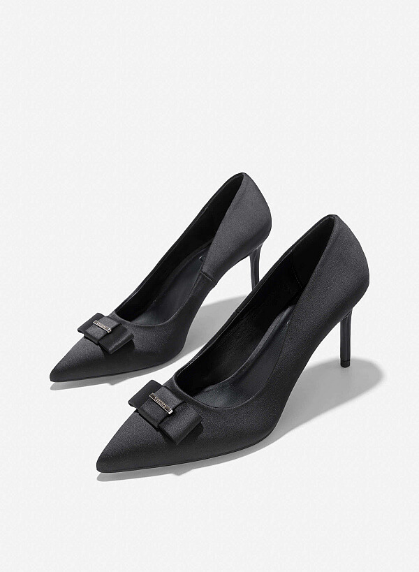 Bow Tie Décor Pointed Toe Pumps - HIG 0681 - Black - VASCARA