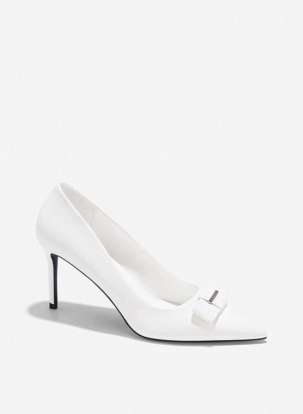 Bow Tie Décor Pointed Toe Pumps - HIG 0681 - White - VASCARA