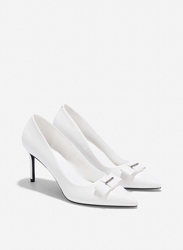 Bow Tie Décor Pointed Toe Pumps - HIG 0681 - White - VASCARA