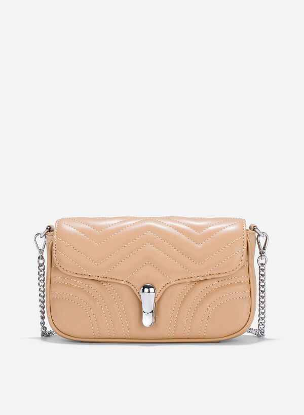 Chain Décor Quilted Crossbody Bag - MES 0239 - Beige