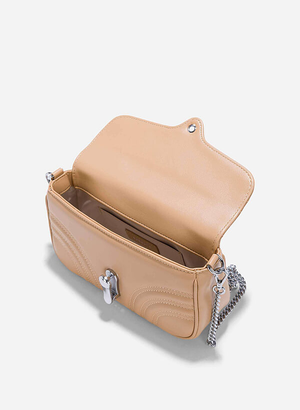 Chain Décor Quilted Crossbody Bag - MES 0239 - Beige - VASCARA