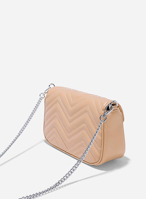 Chain Décor Quilted Crossbody Bag - MES 0239 - Beige - VASCARA