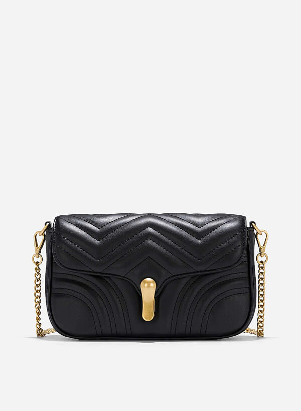 Chain Décor Quilted Crossbody Bag - MES 0239 - Black