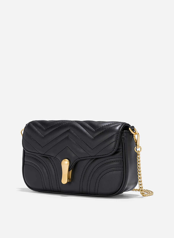 Chain Décor Quilted Crossbody Bag - MES 0239 - Black - VASCARA