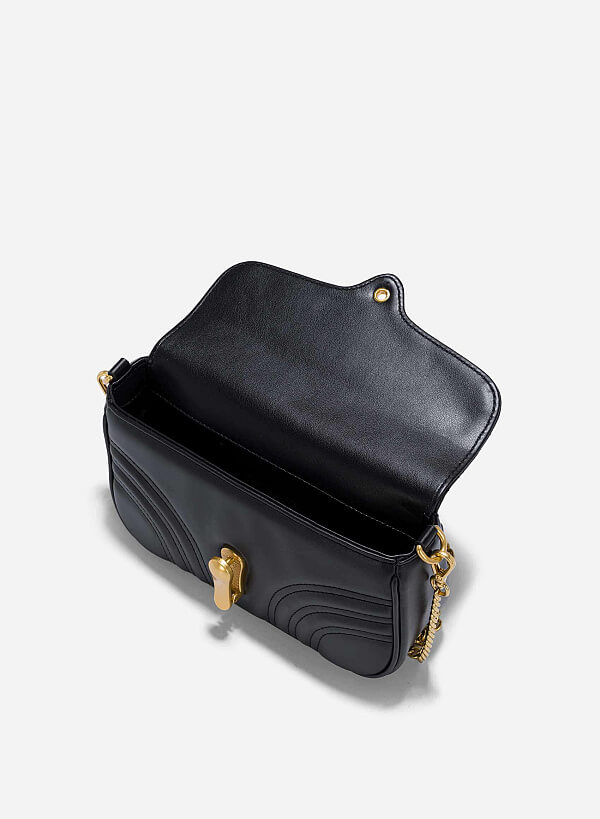 Chain Décor Quilted Crossbody Bag - MES 0239 - Black - VASCARA