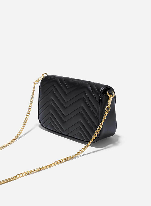 Chain Décor Quilted Crossbody Bag - MES 0239 - Black - VASCARA
