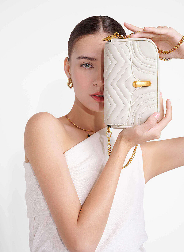 Chain Décor Quilted Crossbody Bag - MES 0239 - Cream - VASCARA