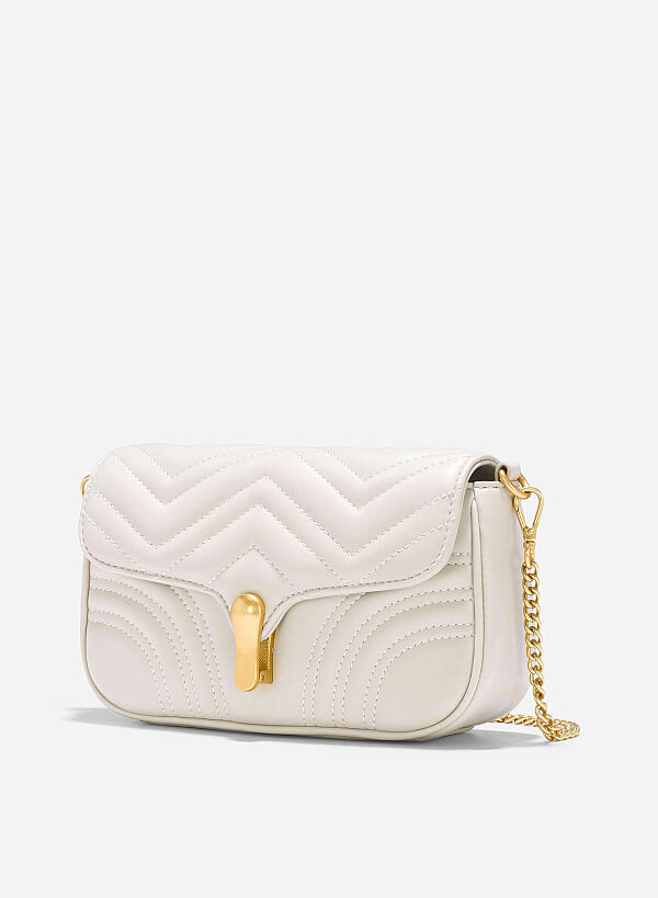Chain Décor Quilted Crossbody Bag - MES 0239 - Cream - VASCARA