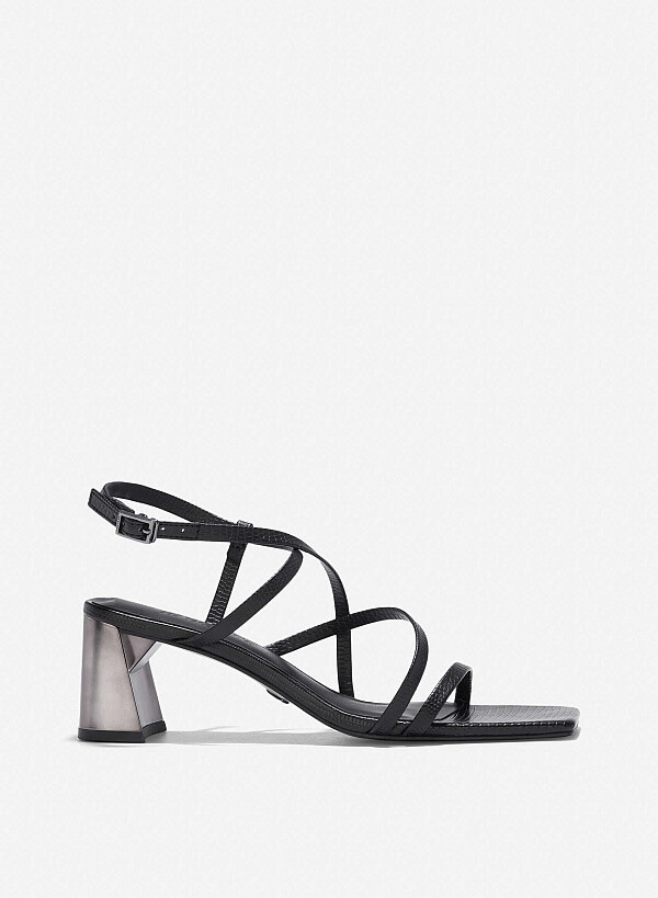 Croc-Effect Strappy Sandals - PUM 0796 - Black