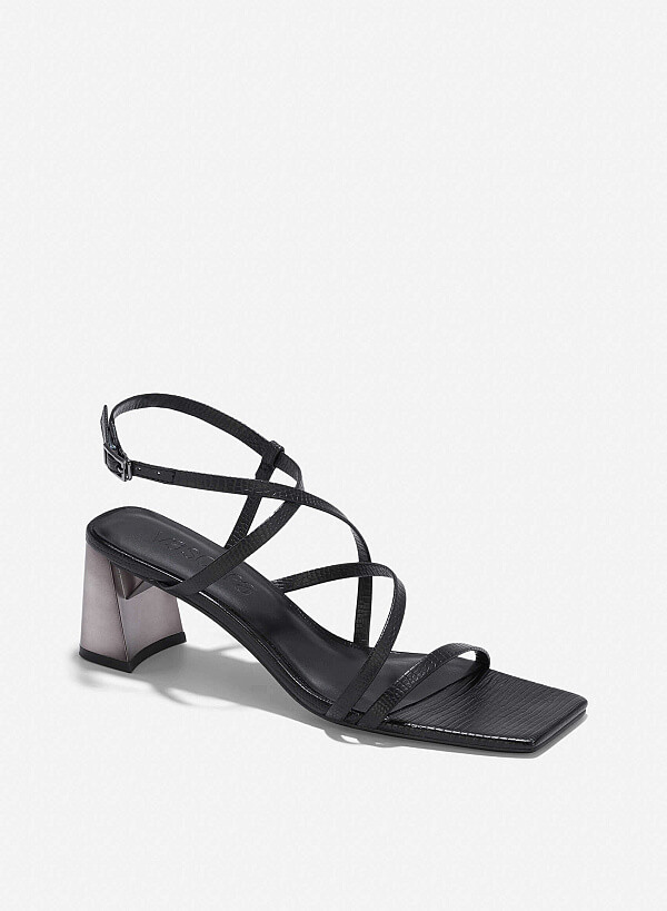 Croc-Effect Strappy Sandals - PUM 0796 - Black - VASCARA