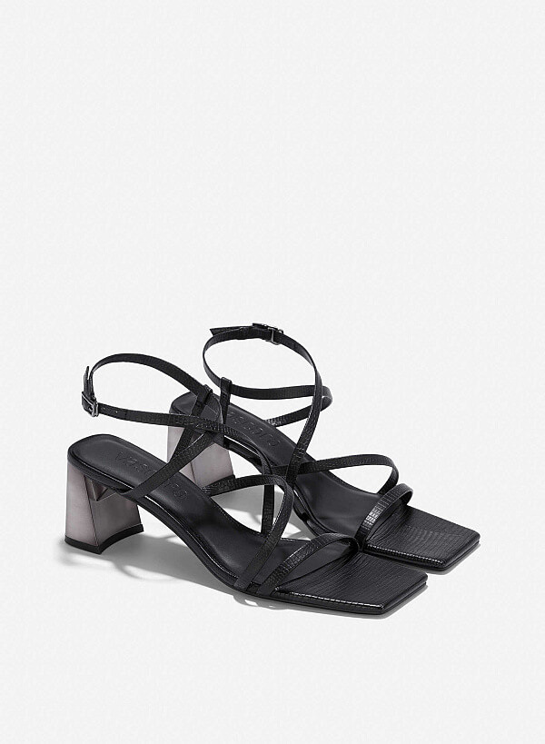 Croc-Effect Strappy Sandals - PUM 0796 - Black - VASCARA