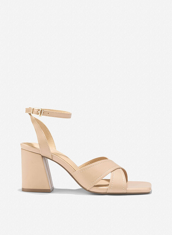 Cross Strap Block Heel Sandals - PUM 0794 - Beige