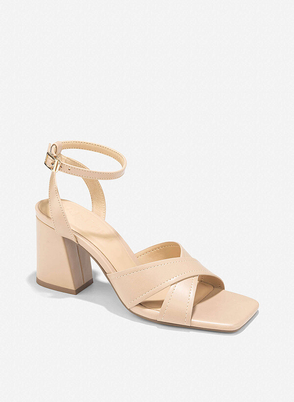 Cross Strap Block Heel Sandals - PUM 0794 - Beige - VASCARA