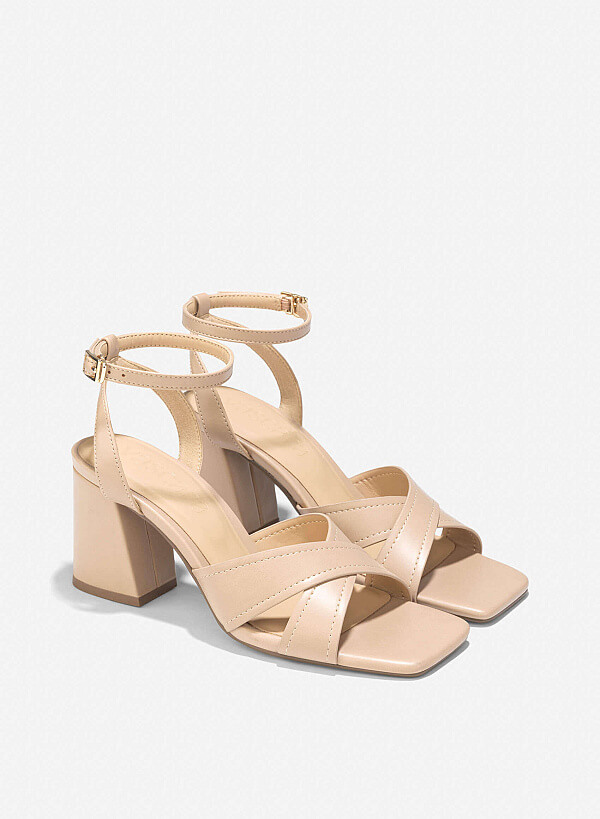 Cross Strap Block Heel Sandals - PUM 0794 - Beige - VASCARA