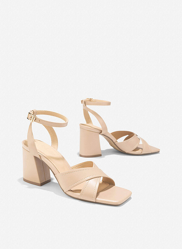 Cross Strap Block Heel Sandals - PUM 0794 - Beige - VASCARA