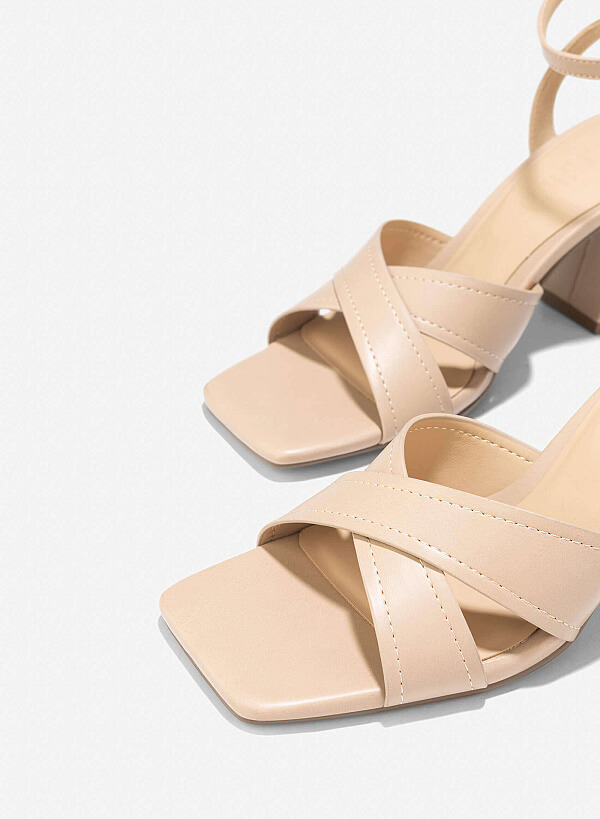 Cross Strap Block Heel Sandals - PUM 0794 - Beige - VASCARA