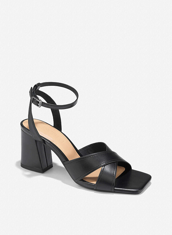 Cross Strap Block Heel Sandals - PUM 0794 - Black - VASCARA