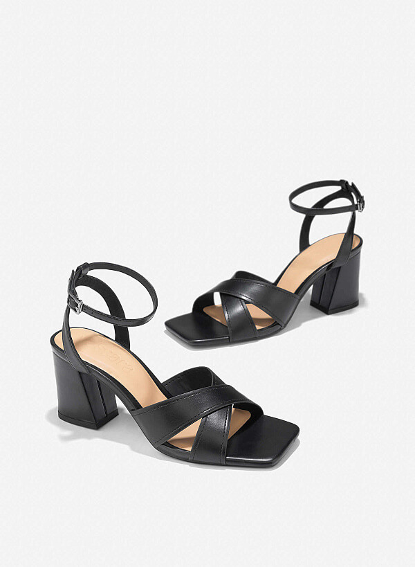 Cross Strap Block Heel Sandals - PUM 0794 - Black - VASCARA