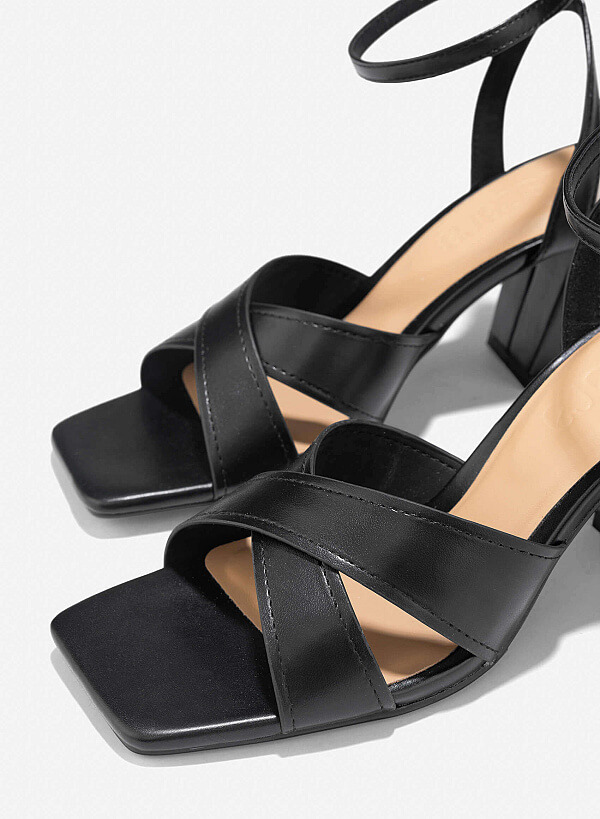 Cross Strap Block Heel Sandals - PUM 0794 - Black - VASCARA