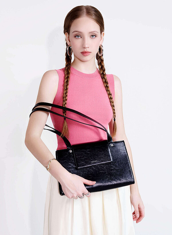 Double Straps Flap Tote Bag - TTE 0163 - Black - VASCARA