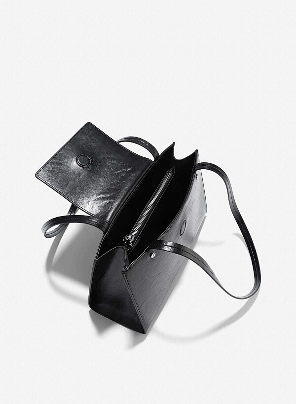 Double Straps Flap Tote Bag - TTE 0163 - Black - VASCARA