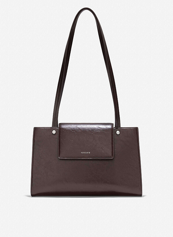 Double Straps Flap Tote Bag - TTE 0163 - Dark Brown