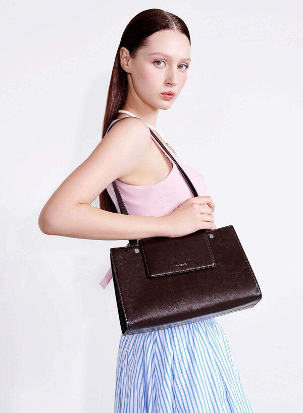 Double Straps Flap Tote Bag - TTE 0163 - Dark Brown - VASCARA