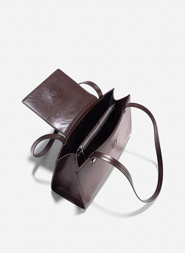 Double Straps Flap Tote Bag - TTE 0163 - Dark Brown - VASCARA