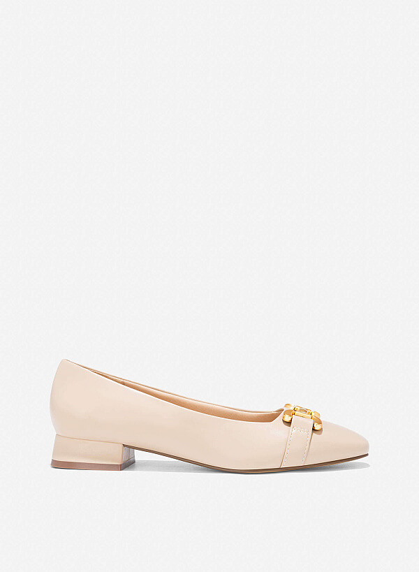 Lock Décor Square-Toe Block Heel Pumps - HIG 0643 - Beige
