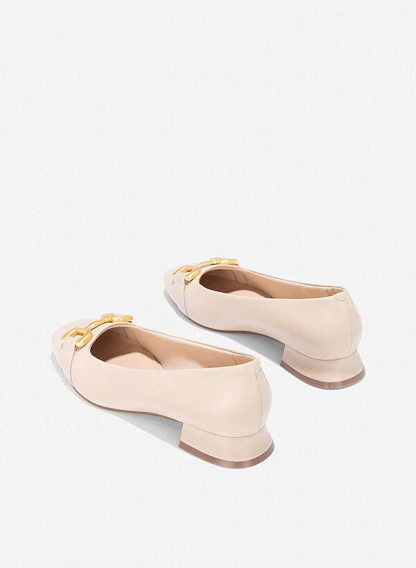 Lock Décor Square-Toe Block Heel Pumps - HIG 0643 - Beige - VASCARA