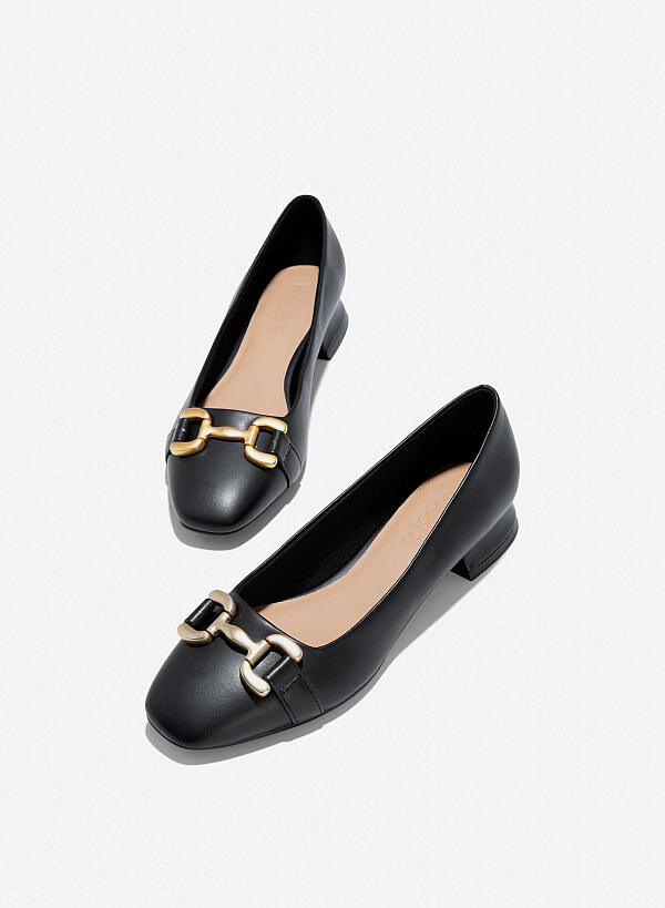 Lock Décor Square-Toe Block Heel Pumps - HIG 0643 - Black - VASCARA