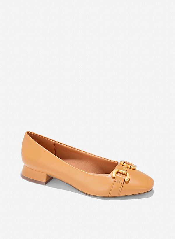 Lock Décor Square-Toe Block Heel Pumps - HIG 0643 - Light Brown - VASCARA