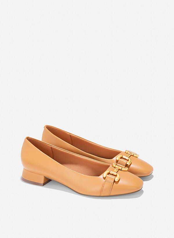 Lock Décor Square-Toe Block Heel Pumps - HIG 0643 - Light Brown - VASCARA