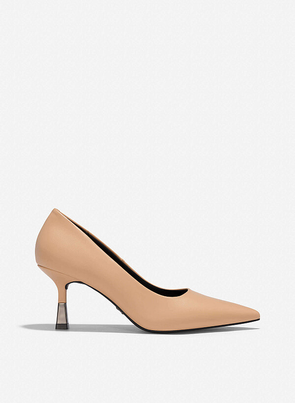 Metallic Effect Heels Pointed-Toe Pumps - HIG 0655 - Beige