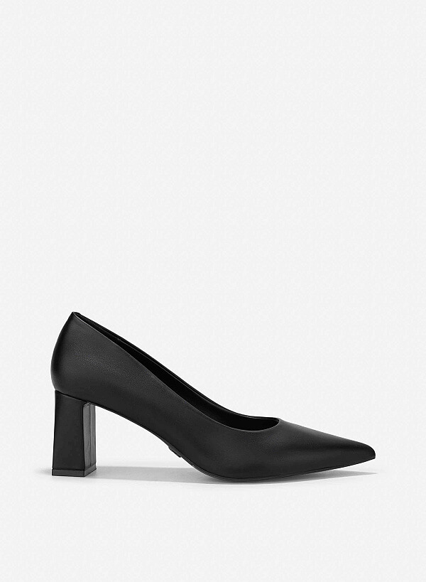 Pointed Toe Block Heel Pumps - HIG 0663 - Black