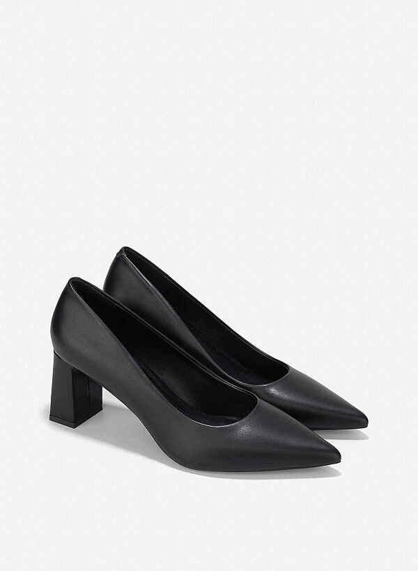 Pointed Toe Block Heel Pumps - HIG 0663 - Black - VASCARA